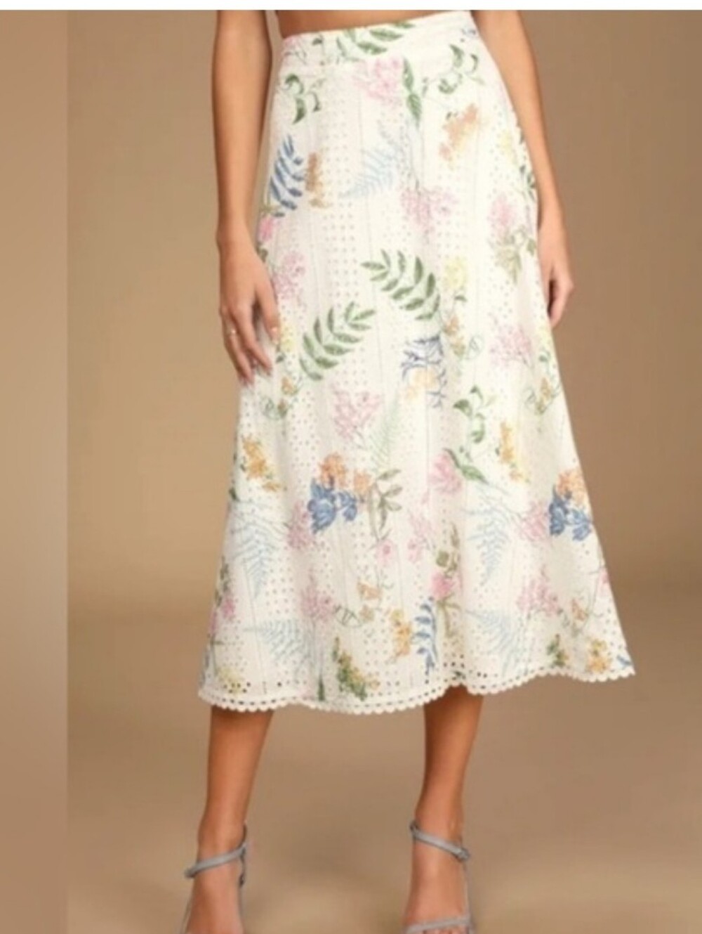 Lulu's Sweet at Heart Cream Floral Eyelet Midi Skirt ■ Size S
